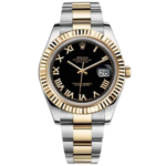Two-tone Rolex Datejust wristwatch with black dial and gold Roman numerals, silver and gold bracelet, date display at 3 o'clock.