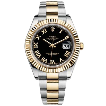 Two-tone Rolex Datejust wristwatch with black dial and gold Roman numerals, silver and gold bracelet, date display at 3 o'clock.