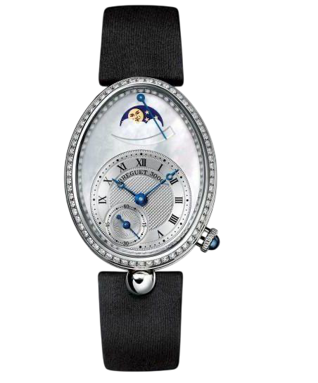 Oval diamond‑studded wristwatch with a mother‑of‑pearl dial, Roman numerals, blue hands, and a moon‑phase display at the top, mounted on a black fabric strap.
