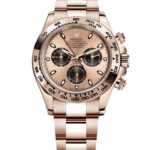 Rose gold Rolex Daytona chronograph watch with three black subdials and tachymeter bezel.