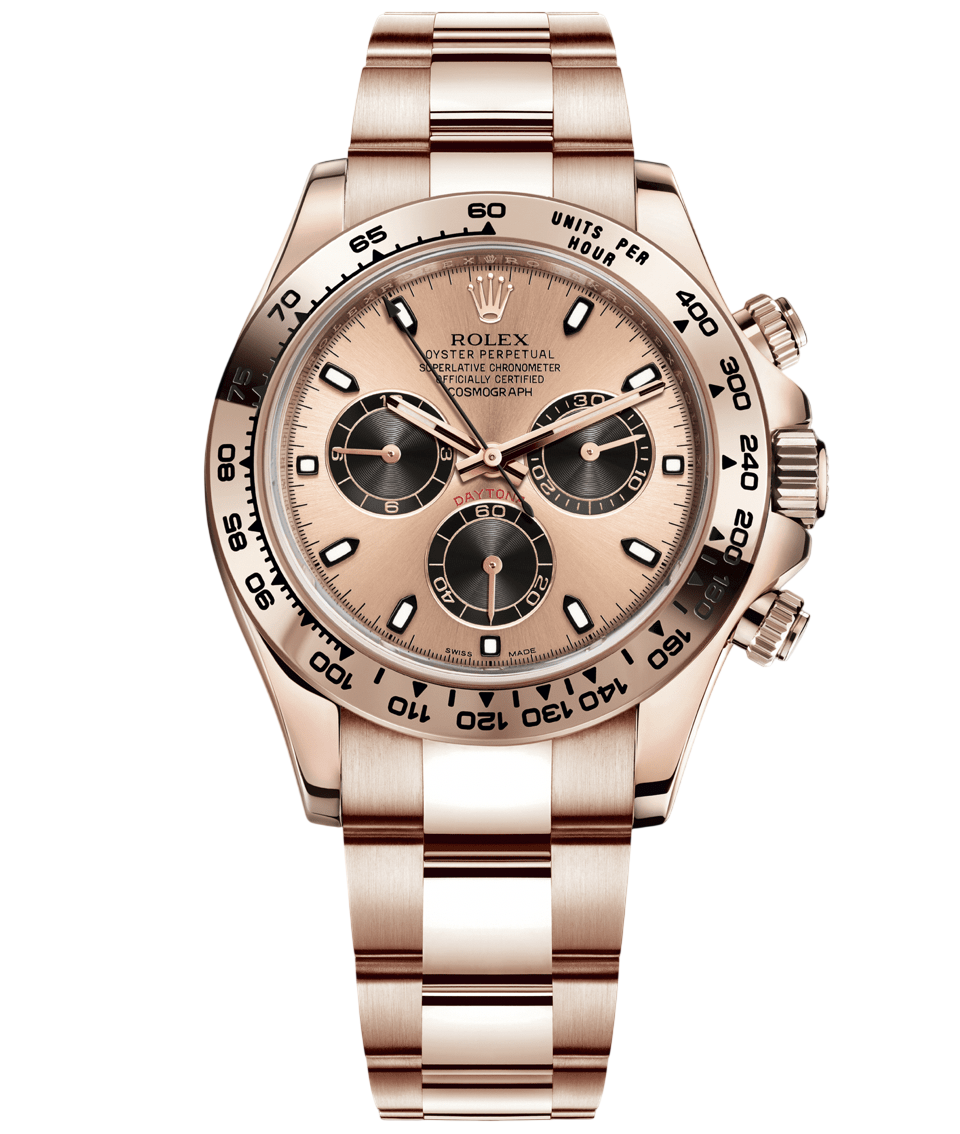 Rose gold Rolex Daytona chronograph watch with three black subdials and tachymeter bezel.