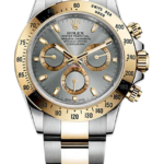 Two-tone Rolex Oyster Perpetual Cosmograph Daytona watch with gold bezel and silver-gold bracelet, showing three subdials on a gray dial
