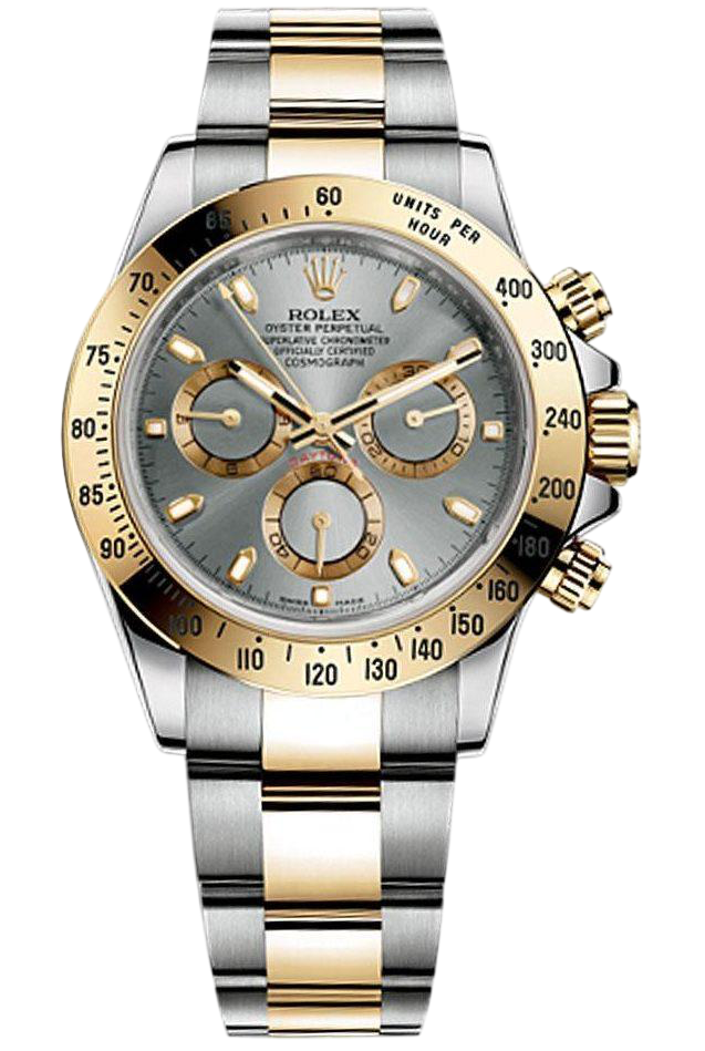 Two-tone Rolex Oyster Perpetual Cosmograph Daytona watch with gold bezel and silver-gold bracelet, showing three subdials on a gray dial