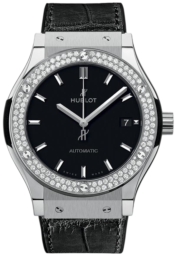 Hublot men's automatic watch with a black dial, diamond-studded bezel, stainless steel case, and black leather strap, displaying date at 3 o'clock