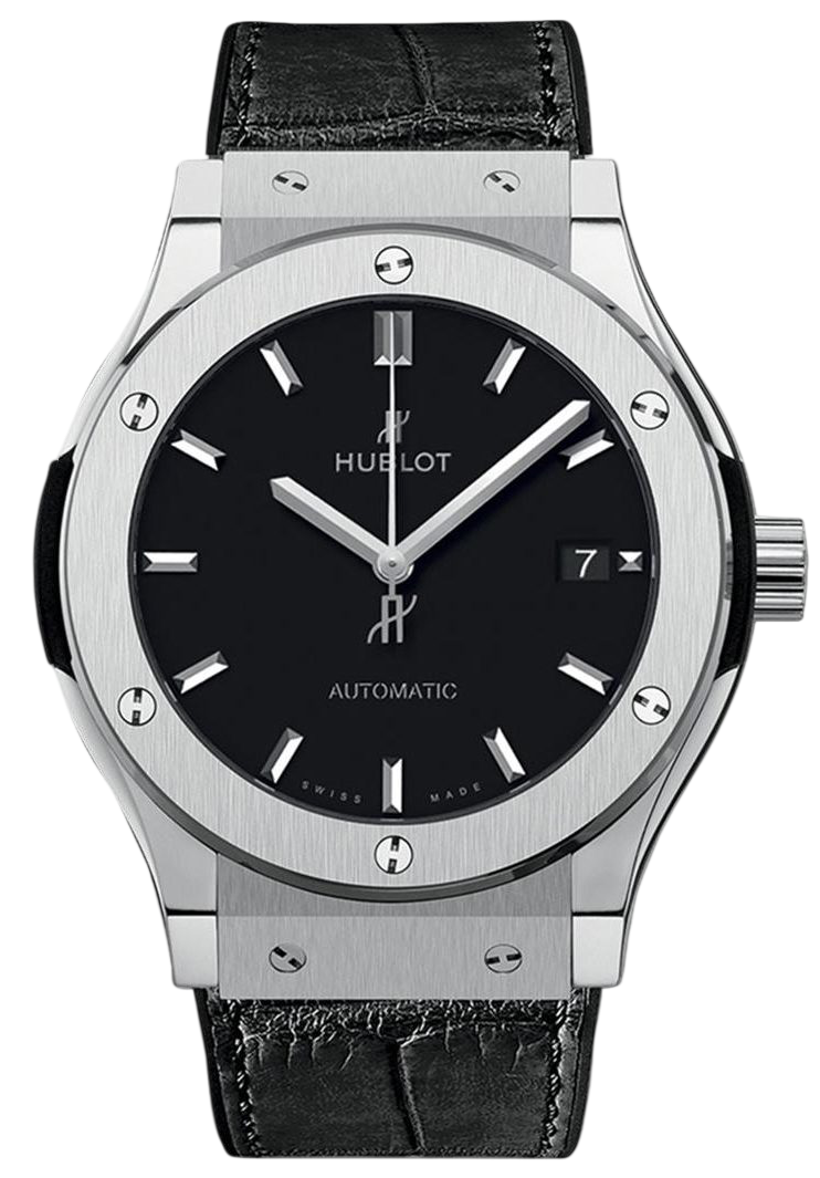 Hublot automatic wristwatch with black dial, silver bezel, and a black leather strap.