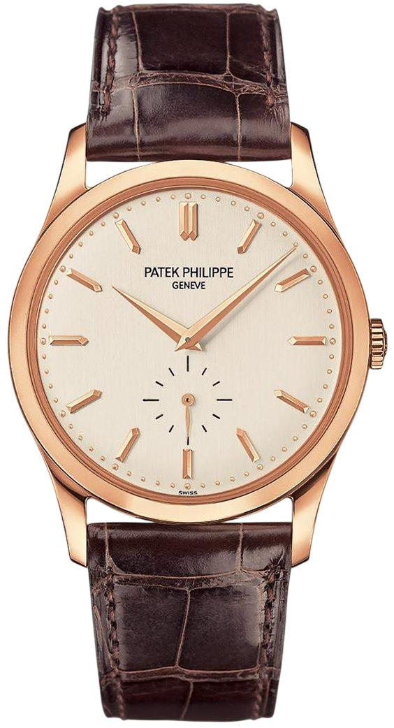 Rose gold Patek Philippe wristwatch with a white dial, rose baton markers, and brown alligator strap.