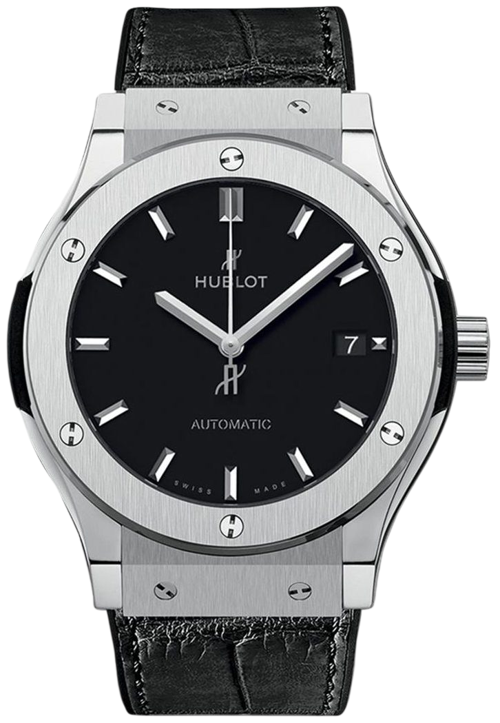 Hublot automatic watch with a black dial, silver hands, date at 3, and black leather strap.