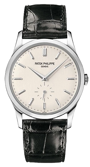 Patek Philippe Genève wristwatch with beige dial, baton hour markers, small seconds subdial at 6 o'clock, stainless steel case and black leather strap