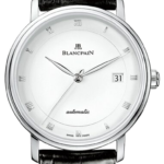 Blancpain automatic wristwatch with white dial, Roman numeral markers, date window at 3 o'clock, and black leather strap.