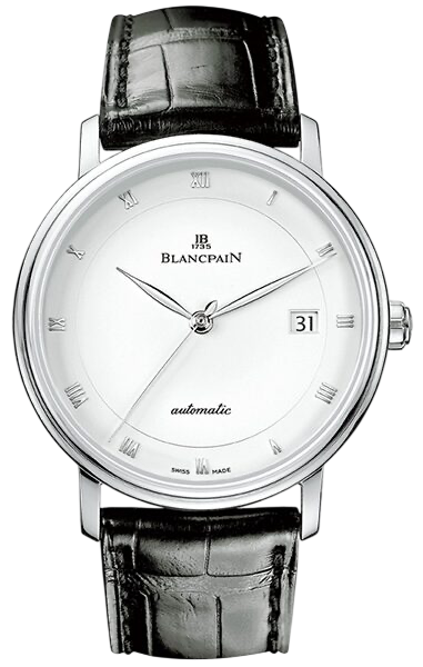 Blancpain automatic wristwatch with white dial, Roman numeral markers, date window at 3 o'clock, and black leather strap.