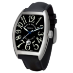Franck Muller Casablanca wristwatch with black dial, large white numerals, blue hands, and a black strap.