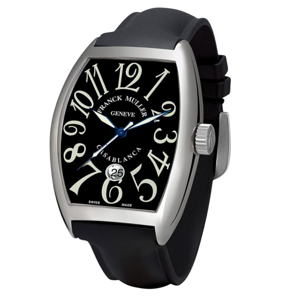 Franck Muller Casablanca wristwatch with black dial, large white numerals, blue hands, and a black strap.