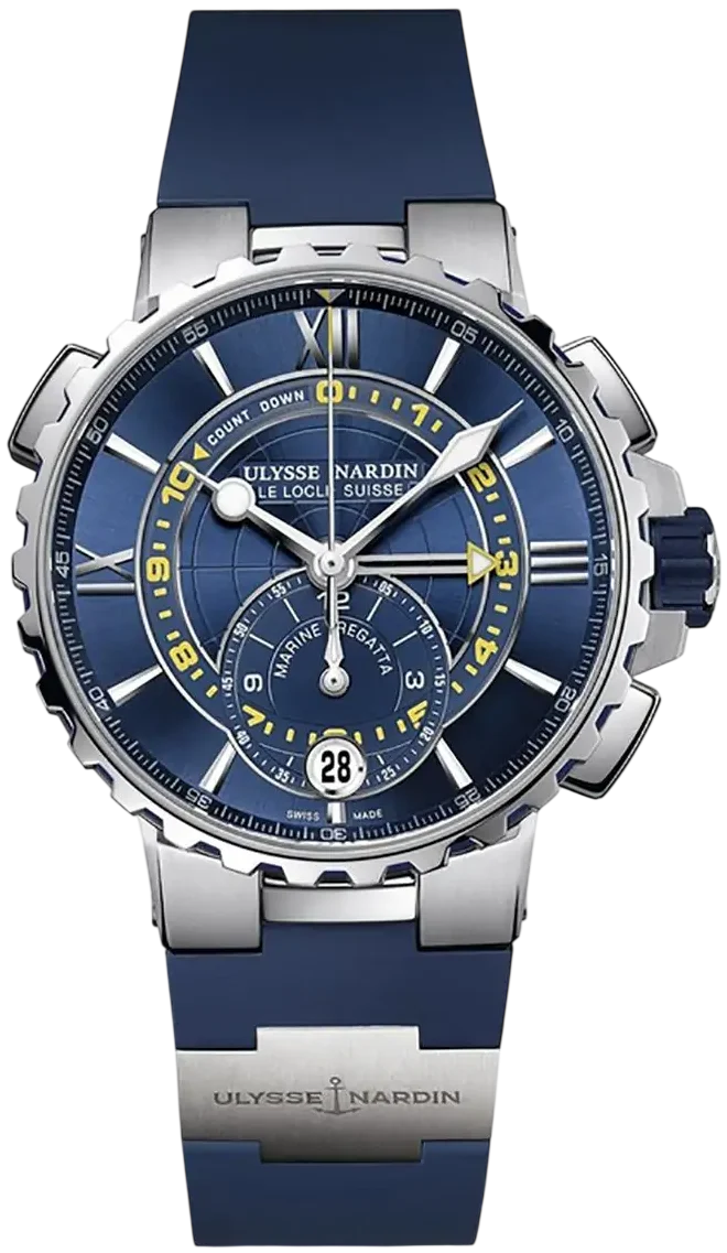 Ulysse Nardin blue-dial wristwatch with a silver case, yellow accents, and a date window at 6 o'clock.