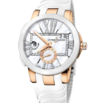 Luxurious two-tone wristwatch with a white band, diamond-studded bezel, and mother-of-pearl dial by Ulysse Nardin