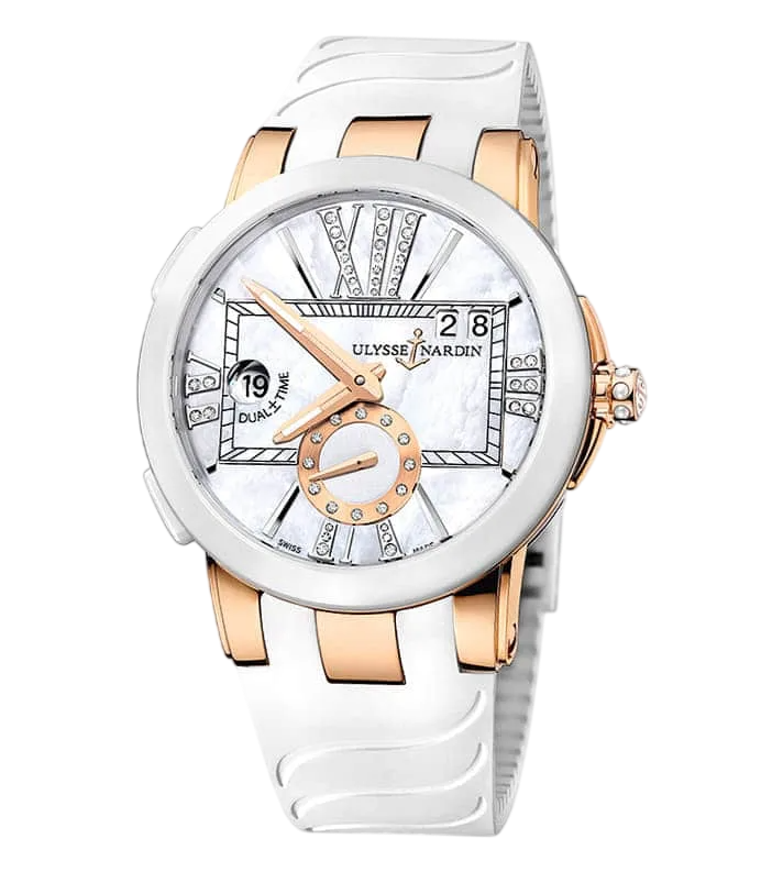 Luxurious two-tone wristwatch with a white band, diamond-studded bezel, and mother-of-pearl dial by Ulysse Nardin