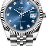 Rolex Oyster Perpetual Datejust men's watch with a blue dial, diamond hour markers, fluted bezel, and a stainless steel Jubilee bracelet showing the date 28.