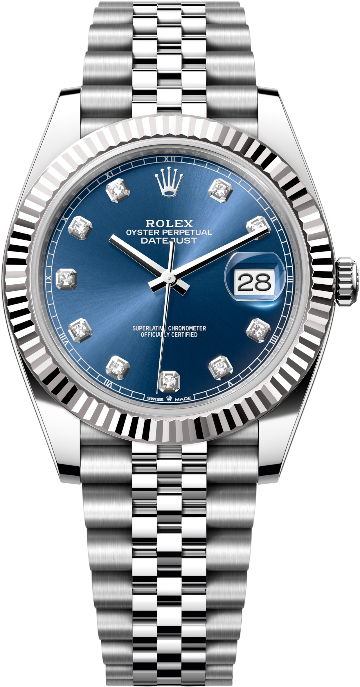 Rolex Oyster Perpetual Datejust men's watch with a blue dial, diamond hour markers, fluted bezel, and a stainless steel Jubilee bracelet showing the date 28.