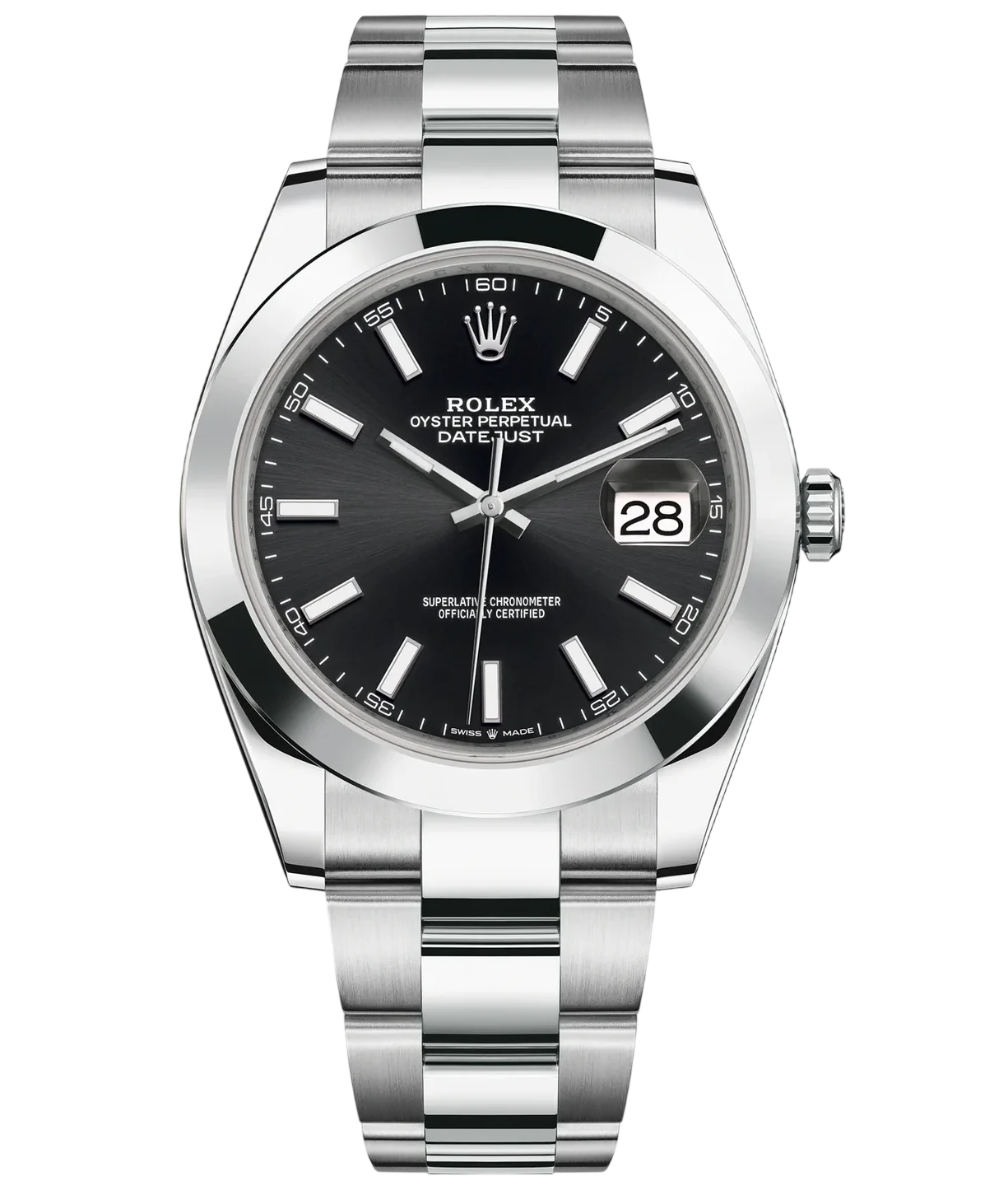 Rolex Oyster Perpetual Datejust stainless steel watch with black dial and date window at 3 o'clock