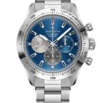 Zenith El Primero stainless steel chronograph watch with blue dial and three subdials on a metal bracelet