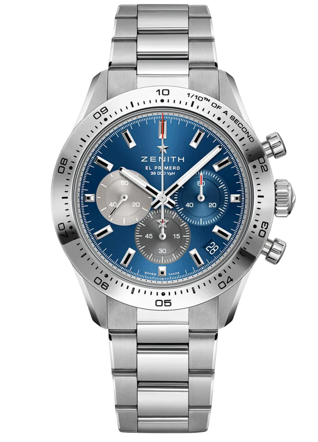 Zenith El Primero stainless steel chronograph watch with blue dial and three subdials on a metal bracelet