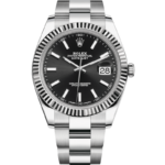 Rolex Oyster Perpetual Datejust stainless steel watch with black dial, fluted bezel, and date at 3.