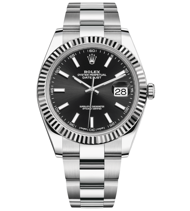 Rolex Oyster Perpetual Datejust stainless steel watch with black dial, fluted bezel, and date at 3.