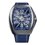 Blue Franck Muller luxury watch with oversized silver numerals, compass-style dial, and blue leather strap.