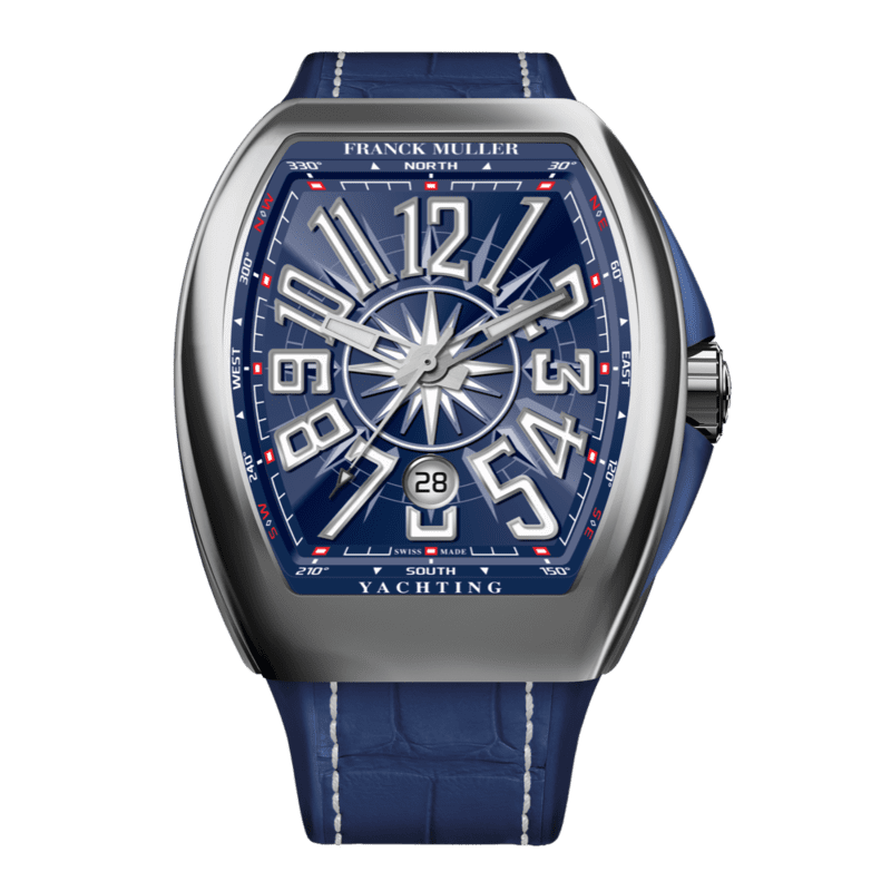 Blue Franck Muller luxury watch with oversized silver numerals, compass-style dial, and blue leather strap.
