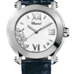 Chopard luxury wristwatch with a white dial, silver Roman numerals, scattered diamonds, and a blue leather strap