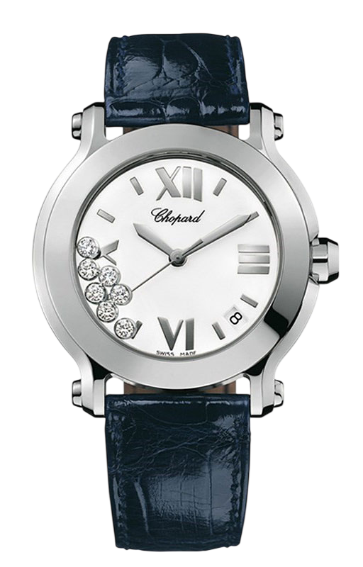 Chopard luxury wristwatch with a white dial, silver Roman numerals, scattered diamonds, and a blue leather strap
