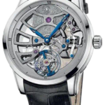 Skeleton wristwatch with exposed gears and blue hands on a black leather strap.