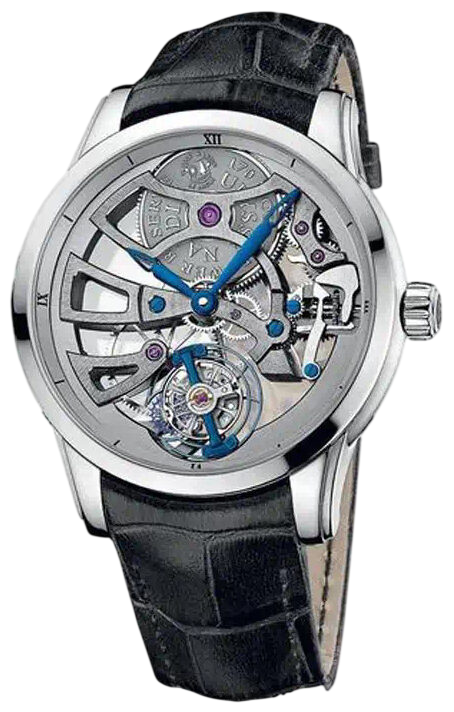 Skeleton wristwatch with exposed gears and blue hands on a black leather strap.