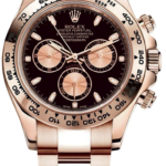 Rose gold Rolex chronograph wristwatch with a black dial and three subdials, tachymeter bezel, and polished bracelet