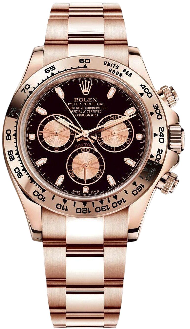 Rose gold Rolex chronograph wristwatch with a black dial and three subdials, tachymeter bezel, and polished bracelet