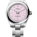 Rolex Oyster Perpetual stainless steel watch with a pink dial and matching bracelet.