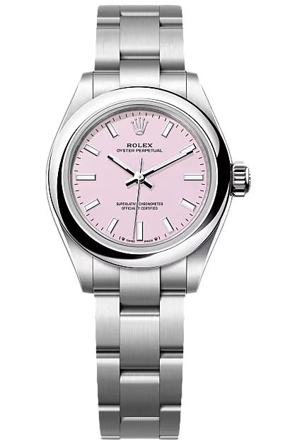 Rolex Oyster Perpetual stainless steel watch with a pink dial and matching bracelet.