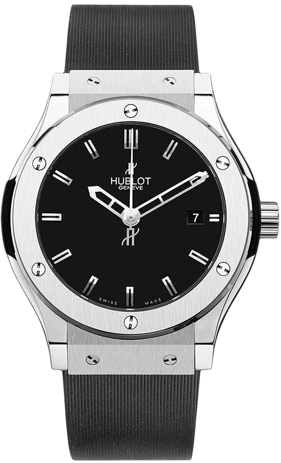Hublot Geneve stainless steel wristwatch with a black dial and date window at 3 o'clock, on a textured strap.