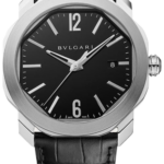 Bulgari wristwatch with a black dial, silver case, and black leather strap showing the date at 3 o'clock.
