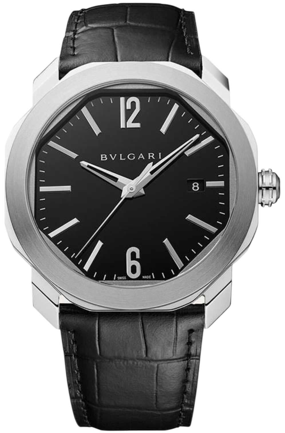 Bulgari wristwatch with a black dial, silver case, and black leather strap showing the date at 3 o'clock.