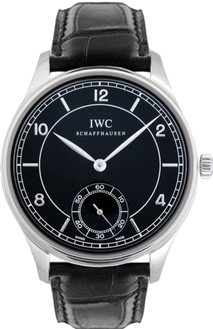 IWC Schaffhausen dress watch with black dial, white numerals, silver case, and black leather strap.