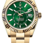 Rolex Sky-Dweller in gold with green dial, Oyster bracelet, and date window at 3 o'clock showing 28th day, high-end luxury timepiece