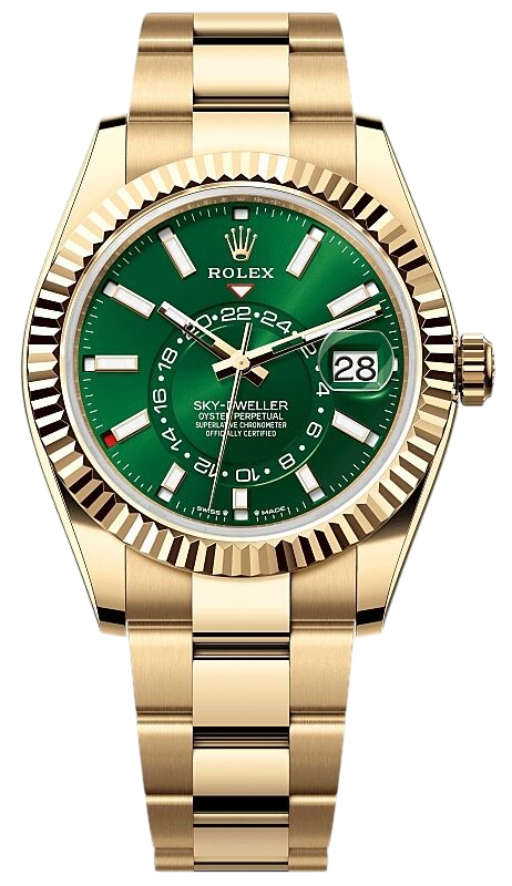 Rolex Sky-Dweller in gold with green dial, Oyster bracelet, and date window at 3 o'clock showing 28th day, high-end luxury timepiece