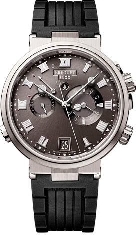 Breguet luxury wristwatch with grey dial, Roman numerals, three subdials, date window at 6, stainless steel case and black rubber strap.