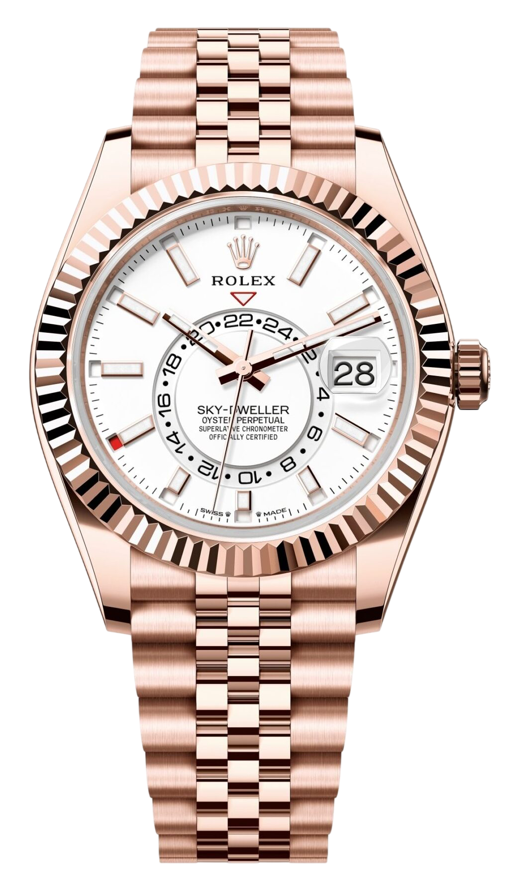 Rose gold Rolex Sky-Dweller watch with white dial and fluted bezel, date window at 3 o'clock, jubilee bracelet