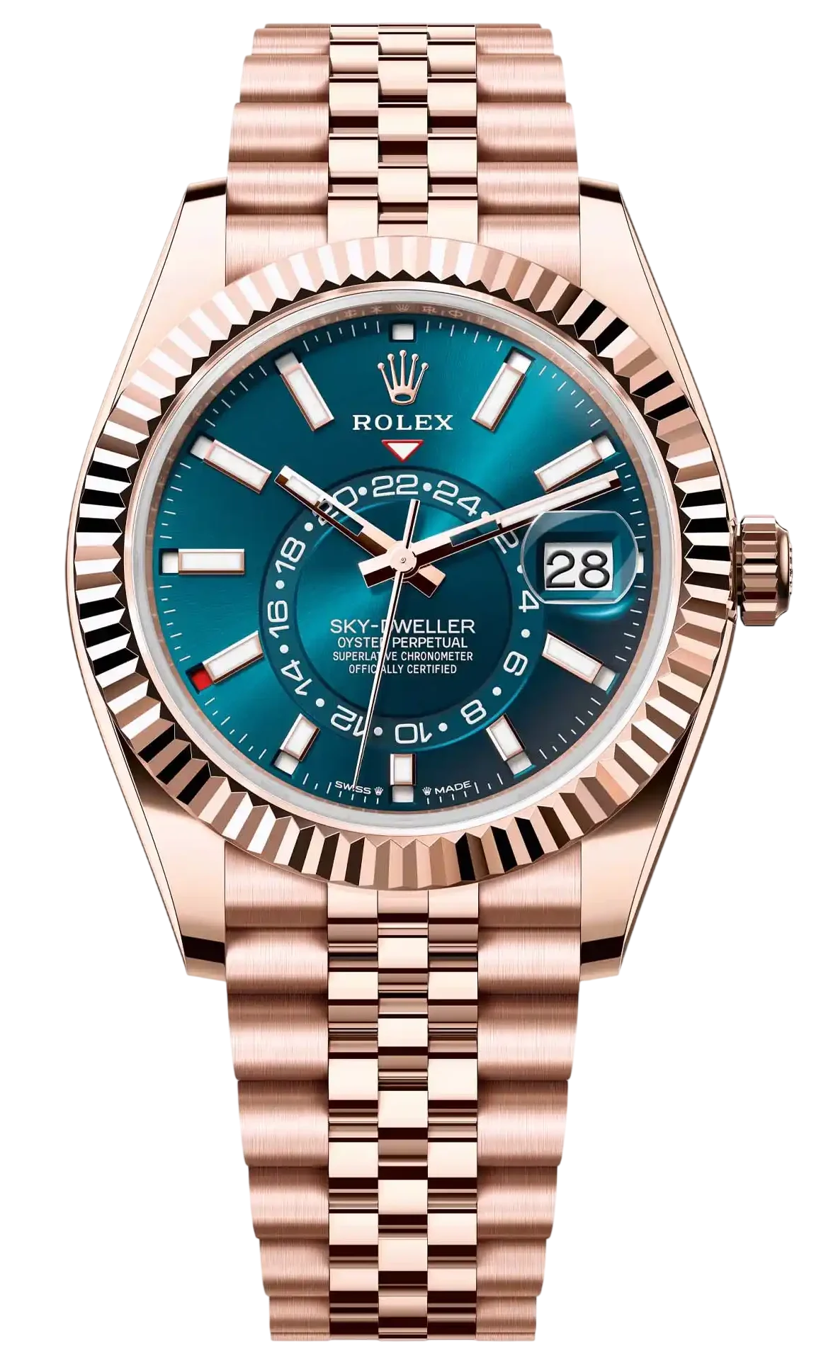 Rose gold Rolex Sky-Dweller watch with a blue dial, fluted bezel, and a rose-gold bracelet, showing the date at 3 o'clock by magnified window.