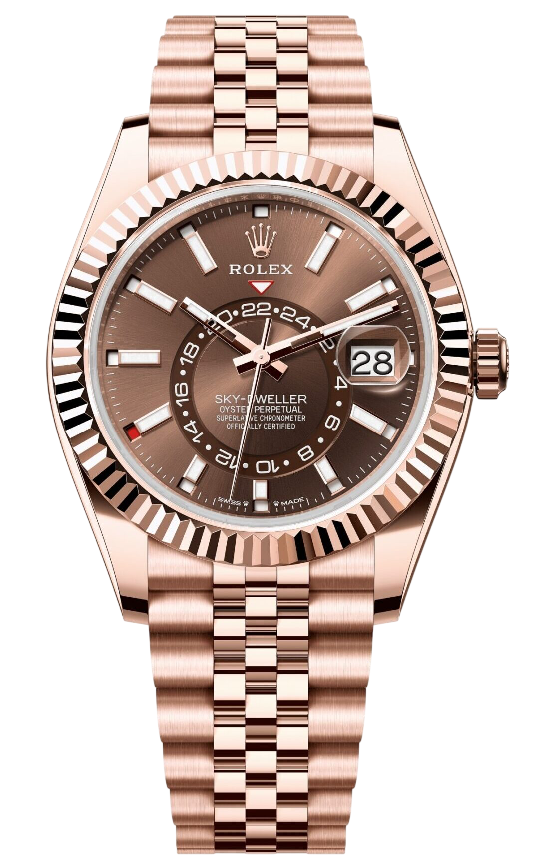 Rose gold Rolex Sky-Dweller watch with a fluted bezel, brown dial, and Jubilee bracelet showing date at 3 o'clock (28).