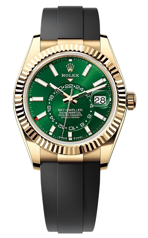 Rolex Sky-Dweller watch with green dial, gold case, black strap, and date window at 3 o'clock.