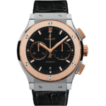 Hublot automatic watch with black dial, rose gold bezel, and chronograph subdials on a black leather strap