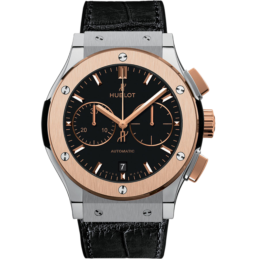 Hublot automatic watch with black dial, rose gold bezel, and chronograph subdials on a black leather strap