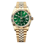 Gold Rolex watch with a green dial, fluted bezel, and date window at 3 o'clock on a gold bracelet (Sky-Dweller model).